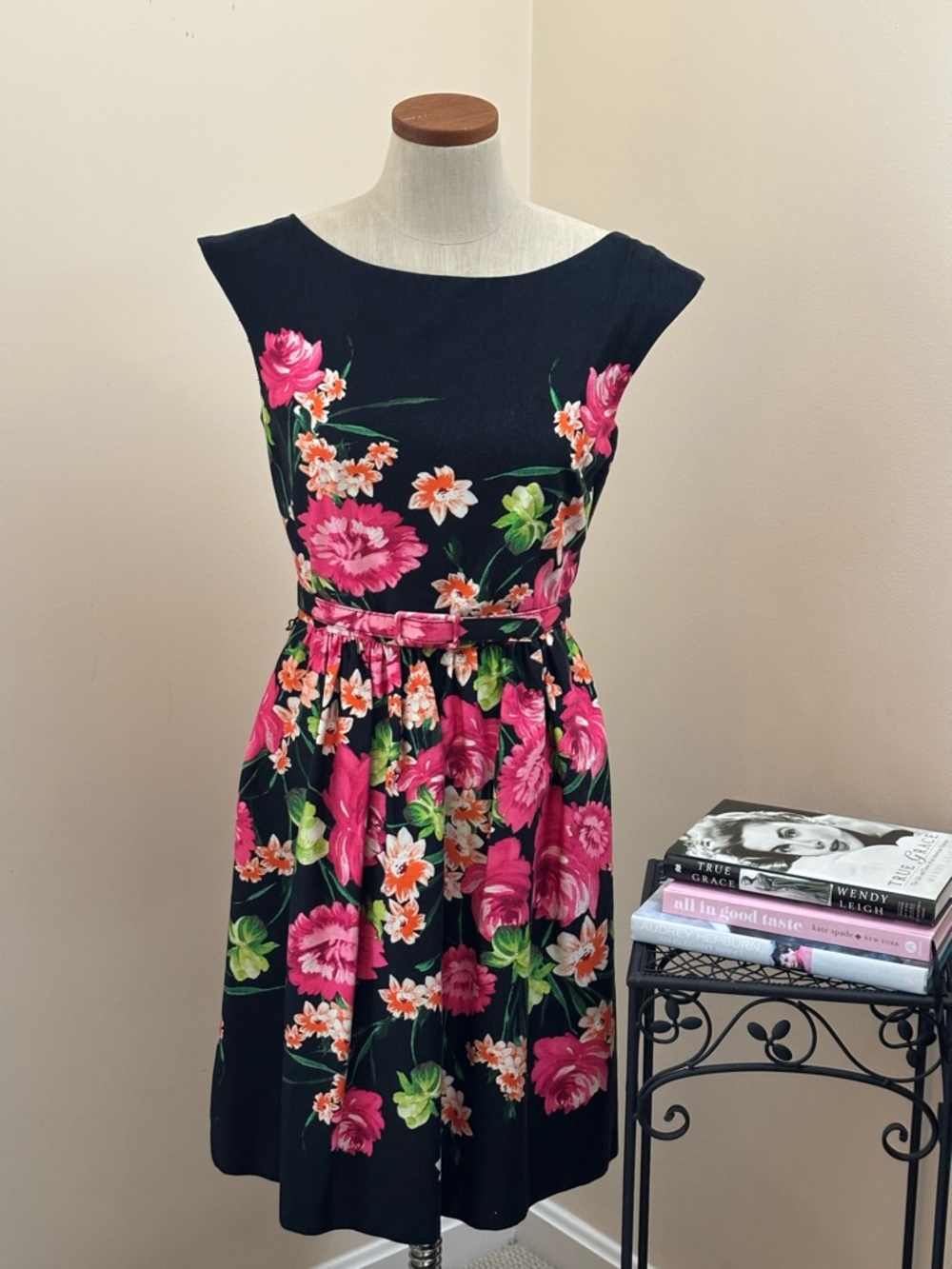 Eliza J Black Midi Dress with Pink & Green Floral Print